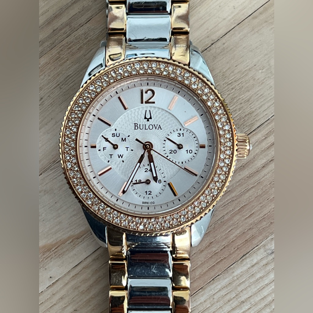 Bulova Ladies Watch Rose And Stainless Bracelet White Dial Day Date Dials